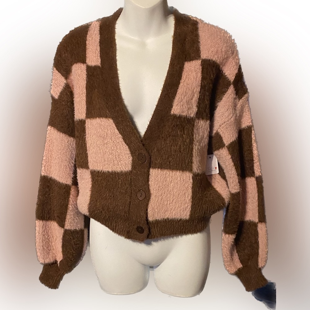 No Boundaries Pink & Chocolate Checkered Cardigan (NEW)